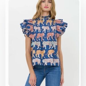 Oliphant Pintuck Ruffle Raj Navy Blue Tiger Print Top XXS NWT NEW